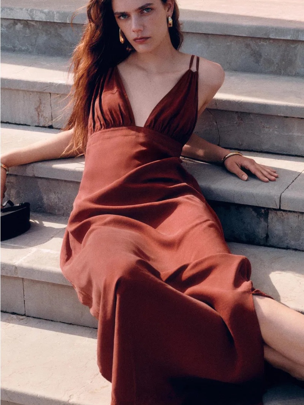 COS Gathered V-Neck Maxi Dress – Dark Red, US 6